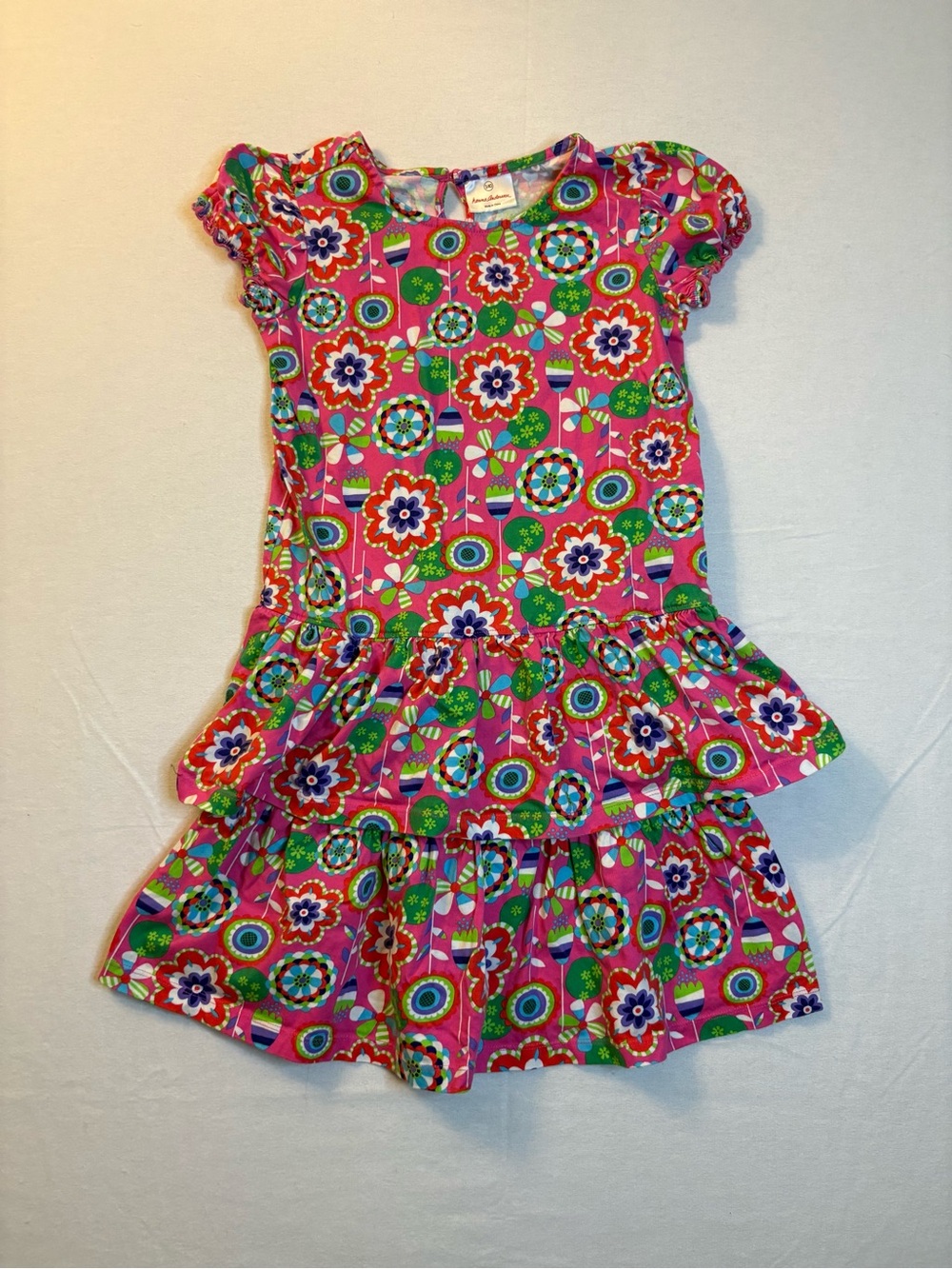 Hanna Andersson Hot Pink Floral Tiered Cotton Dress with Green & Blue Motifs